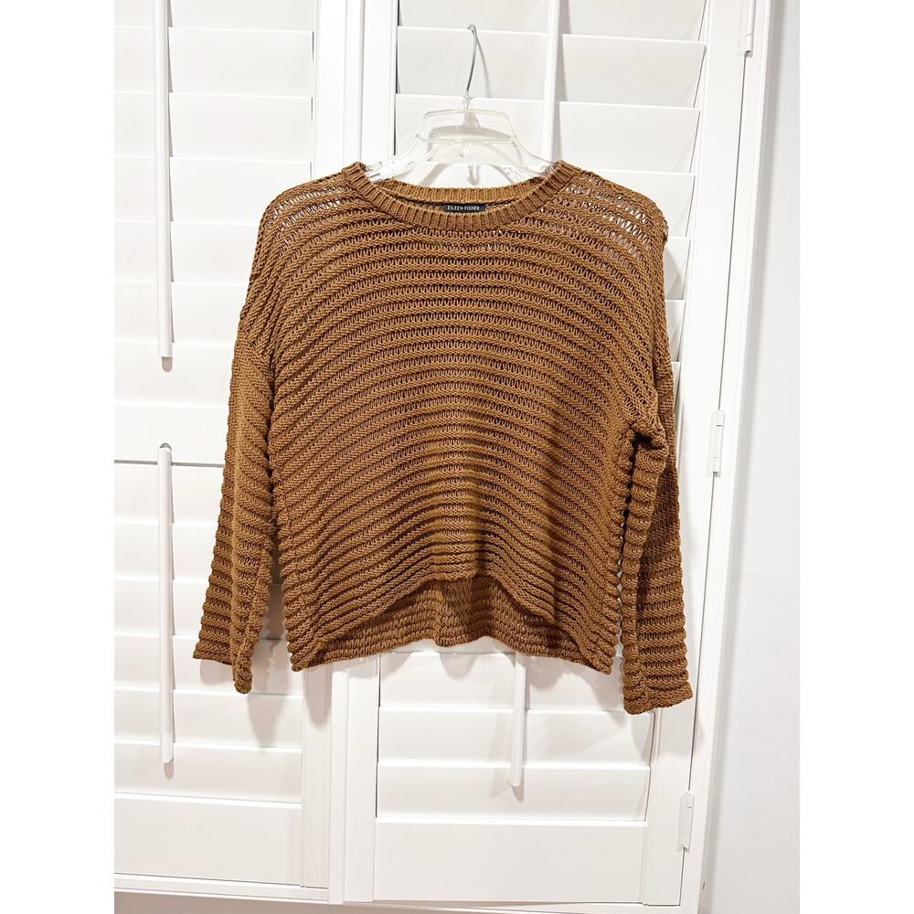 Eileen Fisher Organic Cotton Crewneck Sweater Open Knit Brown Lightweight Size S